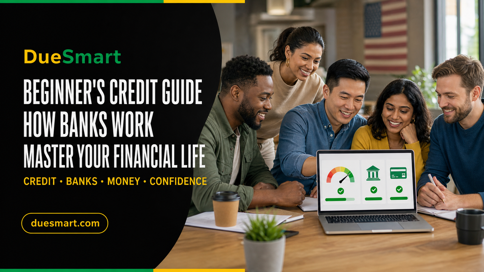 A multicultural group of adult learners in America appreciating a DueSmart course about credit, banks and money, with a faint American flag in the background.