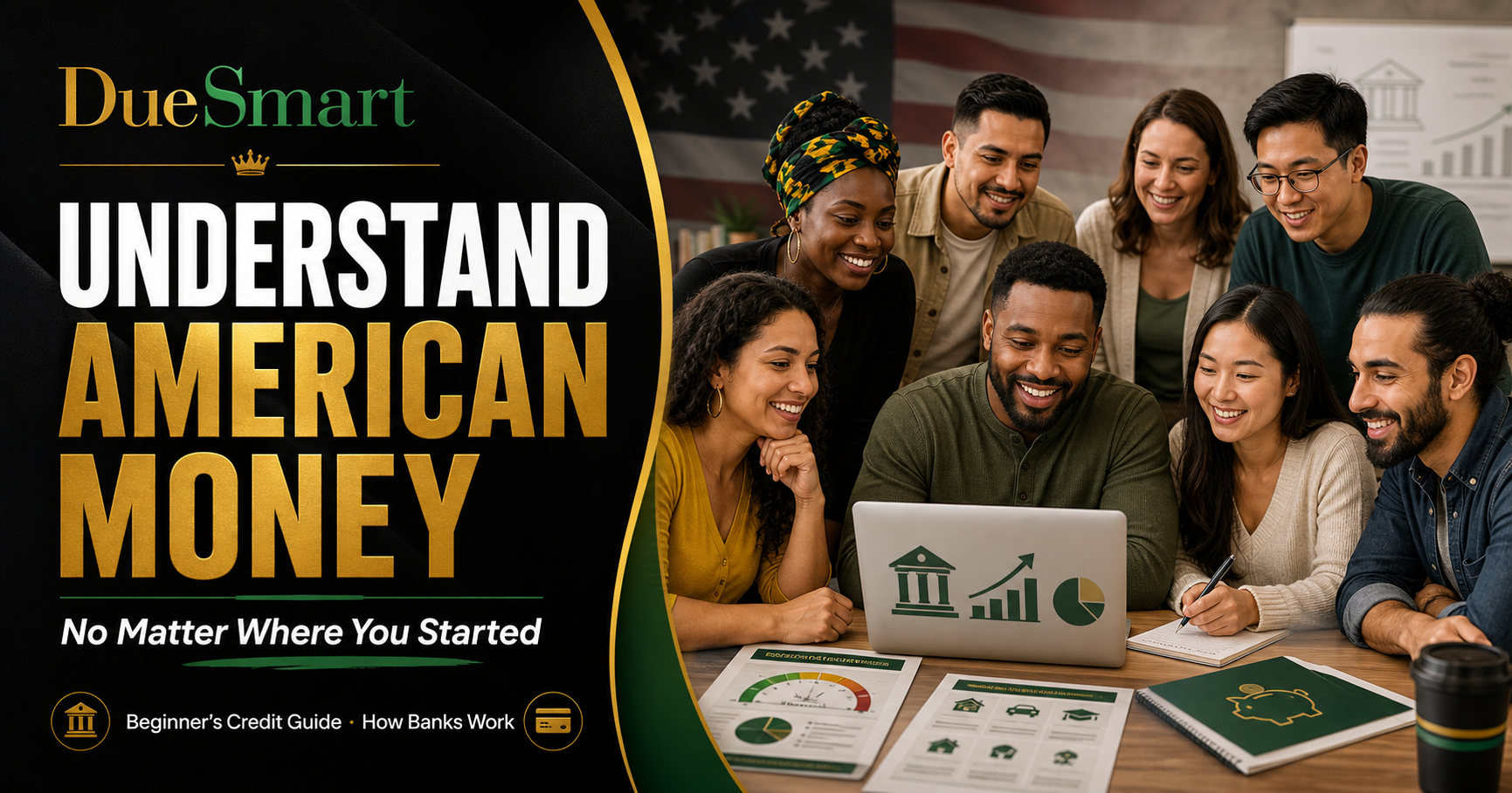 DueSmart Understand American Money course artwork featuring a multicultural group learning about banks, credit and financial life together.